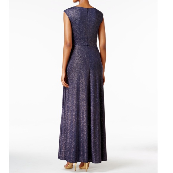 Women’s Formal Dress Size 16 Navy Glitter Shimmer Cap Sleeve Cowl Neck TAHARI - Picture 2 of 8